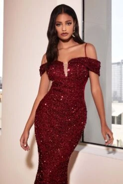 Cinderella Divine CD975 Long Off The Shoulder Sequin Mermaid Gown(Long Off The Shoulder Sequin Mermaid Gown By Cinderella Divine Cd975) -Dress Promotion Store CD975 cinderella divine burgundy zoom