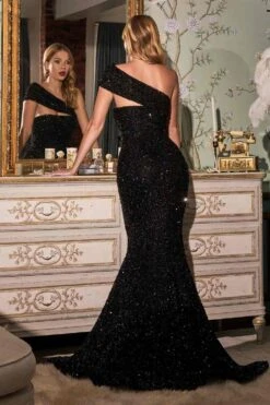 Cinderella Divine CD980 Long Off The One Shoulder Sequins Gown(Long Off The One Shoulder Sequins Gown By Cinderella Divine Cd980) -Dress Promotion Store CD980 cinderella divine black back