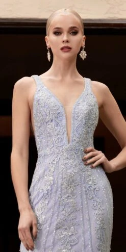 Cinderella Divine CD981 Long Pastel Column Beaded Lace Dress(Long Pastel Column Beaded Lace Dress By Cinderella Divine Cd981) -Dress Promotion Store CD981 blue