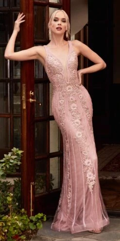 Cinderella Divine CD981 Long Pastel Column Beaded Lace Dress(Long Pastel Column Beaded Lace Dress By Cinderella Divine Cd981) -Dress Promotion Store CD981 rose