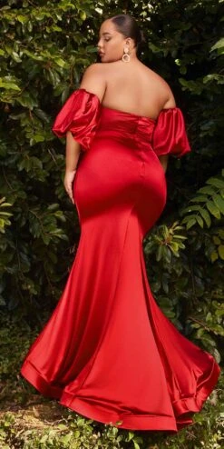 Cinderella Divine CD983 Long Fitted Satin Gown With Puff Sleeve(Long Fitted Satin Gown With Puff Sleeve By Cinderella Divine Cd983) -Dress Promotion Store CD983C red2