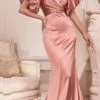 Cinderella Divine CD983 Long Fitted Satin Gown With Puff Sleeve(Long Fitted Satin Gown With Puff Sleeve By Cinderella Divine Cd983) -Dress Promotion Store CD983 dustyrose