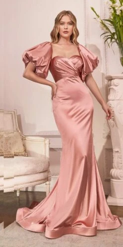 Cinderella Divine CD983 Long Fitted Satin Gown With Puff Sleeve(Long Fitted Satin Gown With Puff Sleeve By Cinderella Divine Cd983)