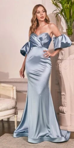 Cinderella Divine CD983 Long Fitted Satin Gown With Puff Sleeve(Long Fitted Satin Gown With Puff Sleeve By Cinderella Divine Cd983) -Dress Promotion Store CD983 parisblue 2