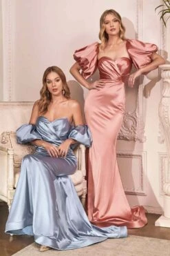 Cinderella Divine CD983 Long Fitted Satin Gown With Puff Sleeve(Long Fitted Satin Gown With Puff Sleeve By Cinderella Divine Cd983) -Dress Promotion Store CD983 parisblue dustyrose 1