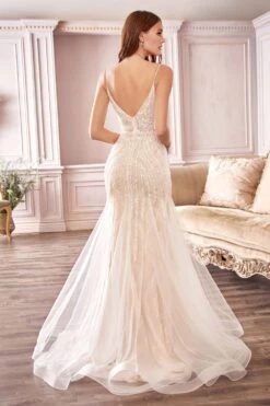 Cinderella Divine CDS401 Long Beaded Hourglass Mermaid Wedding Dress V-Neck(Long Beaded Off White Hourglass Mermaid Wedding Dress V Neck) -Dress Promotion Store CDS401 cinderella divine off white back