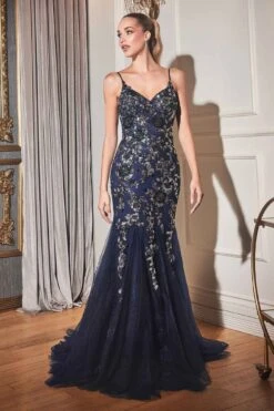 Ladivine CDS438 Long Beaded Mermaid Gown Removable Short Sleeve Capelet(Ladivine Cds438 Long Beaded Mermaid Gown Removable Short Sleeve Capelet) -Dress Promotion Store CDS438 navy