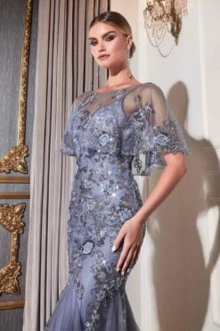 Ladivine CDS438 Long Beaded Mermaid Gown Removable Short Sleeve Capelet(Ladivine Cds438 Long Beaded Mermaid Gown Removable Short Sleeve Capelet) -Dress Promotion Store CDS438 smokyblue 1