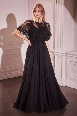 Ladivine CDS503 Dress Chiffon A-Line Beaded Lace Bodice Removable Cape(Ladivine Cds503 Dress Chiffon A Line Beaded Lace Bodice Removable Cape) -Dress Promotion Store CDS503 LADVINE BLACK WITH BOLERO