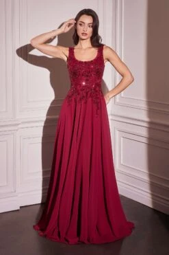 Ladivine CDS503 Dress Chiffon A-Line Beaded Lace Bodice Removable Cape(Ladivine Cds503 Dress Chiffon A Line Beaded Lace Bodice Removable Cape) -Dress Promotion Store CDS503 LADVINE BURGUNDY