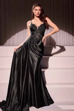 Ladivine CDS524 Dress Fitted Satin & Lace Evening Gown(Ladivine Cds524 Dress Fitted Satin Lace Evening Gown) -Dress Promotion Store CDS524 LADIVINE BLACK