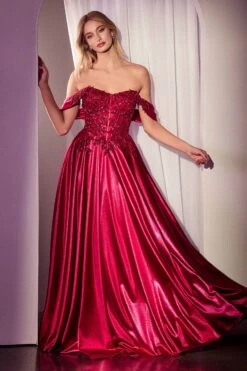 Ladivine CDS525 Dress Off The Shoulder Lace & Satin A-Line Prom Gown(Ladivine Cds525 Dress Off The Shoulder Lace Satin A Line Prom Gown) -Dress Promotion Store CDS525 BURGUNDY FRONT