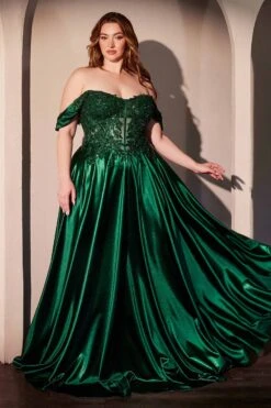Ladivine CDS525 Dress Off The Shoulder Lace & Satin A-Line Prom Gown(Ladivine Cds525 Dress Off The Shoulder Lace Satin A Line Prom Gown) -Dress Promotion Store CDS525 EMERALD FRONT