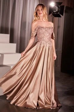 Ladivine CDS525 Dress Off The Shoulder Lace & Satin A-Line Prom Gown(Ladivine Cds525 Dress Off The Shoulder Lace Satin A Line Prom Gown) -Dress Promotion Store CDS525 MOCHA GOLD FRONT
