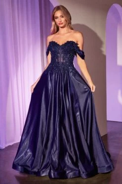 Ladivine CDS525 Dress Off The Shoulder Lace & Satin A-Line Prom Gown(Ladivine Cds525 Dress Off The Shoulder Lace Satin A Line Prom Gown) -Dress Promotion Store CDS525 NAVY FRONT