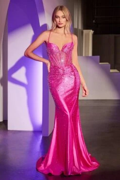 Ladivine CDS527 Dress Fitted Crystal Embellished Stretch Satin Prom Gown(Ladivine Cds527 Dress Fitted Crystal Embellished Stretch Satin Prom Gown)