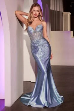 Ladivine CDS527 Dress Fitted Crystal Embellished Stretch Satin Prom Gown(Ladivine Cds527 Dress Fitted Crystal Embellished Stretch Satin Prom Gown) -Dress Promotion Store CDS527 LT BLUE FRONT