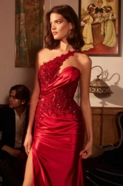 Ladivine CDS535 One Shoulder Satin Dress With Lace Applique(Ladivine Cds535 One Shoulder Satin Dress With Lace Applique) -Dress Promotion Store CDS535 RED 1