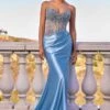 Ladivine CDS538 Dress Strapless Beaded Bodice & Satin Skirt Fitted Gown(Ladivine Cds538 Dress Strapless Beaded Bodice Satin Skirt Fitted Gown) -Dress Promotion Store CDS538 BLUE FRONT