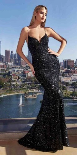 Ladivine CH066 Long Fitted Sequin Mermaid Gown(Ladivine Ch066 Long Fitted Sequin Mermaid Gown) -Dress Promotion Store CH066 black