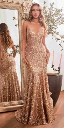Ladivine CH066 Long Fitted Sequin Mermaid Gown(Ladivine Ch066 Long Fitted Sequin Mermaid Gown) -Dress Promotion Store CH066 rosegold