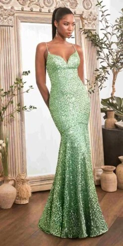 Ladivine CH066 Long Fitted Sequin Mermaid Gown(Ladivine Ch066 Long Fitted Sequin Mermaid Gown) -Dress Promotion Store CH066 sage