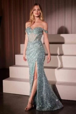 Ladivine CM373 Dress Off The Shoulder Sequin Fitted Gown(Ladivine Cm373 Dress Off The Shoulder Sequin Fitted Gown)