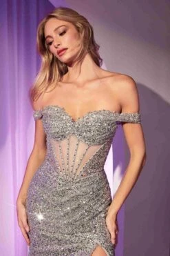 Ladivine CM373 Dress Off The Shoulder Sequin Fitted Gown(Ladivine Cm373 Dress Off The Shoulder Sequin Fitted Gown) 9 Ladivine CM373 Dress Off The Shoulder Sequin Fitted Gown(Ladivine Cm373 Dress Off The Shoulder Sequin Fitted Gown) -Dress Promotion Store CM373 LADIVINE SILVER ZOOM