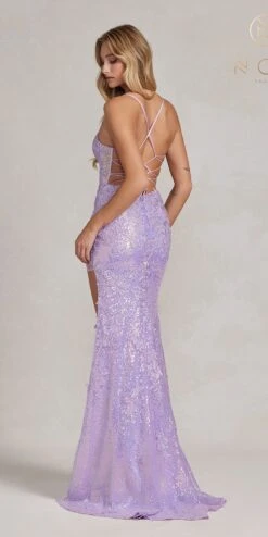 Nox Anabel D1157 Floor Length Lace Applique Formal Gown With Slit(Nox Anabel D1157 Floor Length Lace Applique Formal Gown With Slit) -Dress Promotion Store D1157 LILAC 4
