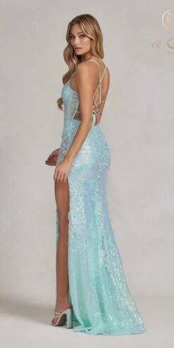 Nox Anabel D1157 Floor Length Lace Applique Formal Gown With Slit(Nox Anabel D1157 Floor Length Lace Applique Formal Gown With Slit) -Dress Promotion Store D1157 MINTGREEN 4