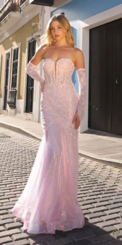 Nox Anabel D1263 Long Strapless Sequin Mermaid Dress Removable Gloves(Nox Anabel D1263 Long Strapless Sequin Mermaid Dress Removable Gloves) -Dress Promotion Store D1263BABYPINK 1