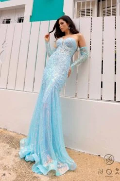 Nox Anabel D1263 Long Strapless Sequin Mermaid Dress Removable Gloves(Nox Anabel D1263 Long Strapless Sequin Mermaid Dress Removable Gloves) -Dress Promotion Store D1263LIGHTBLUE 1