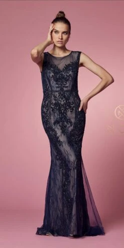Nox Anabel E1006 Fitted Sheath Formal Lace Dress With Illusion Neckline(Fitted Sheath Formal Lace Dress With Illusion Neckline By Nox Anabel E1006) -Dress Promotion Store E1006 NAVYBLUE 3