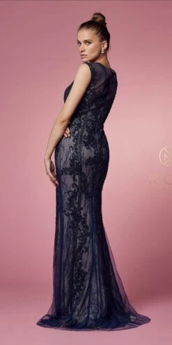 Nox Anabel E1006 Fitted Sheath Formal Lace Dress With Illusion Neckline(Fitted Sheath Formal Lace Dress With Illusion Neckline By Nox Anabel E1006) -Dress Promotion Store E1006 NAVYBLUE 45