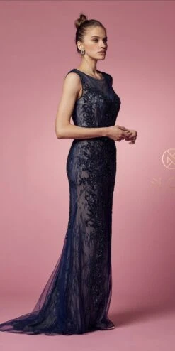 Nox Anabel E1006 Fitted Sheath Formal Lace Dress With Illusion Neckline(Fitted Sheath Formal Lace Dress With Illusion Neckline By Nox Anabel E1006) -Dress Promotion Store E1006 NAVYBLUE 54