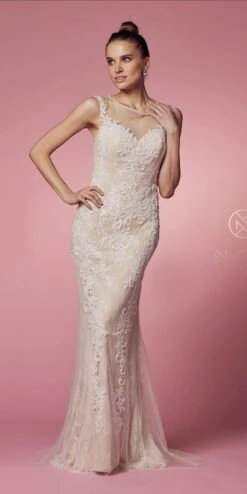 Nox Anabel E1006 Fitted Sheath Formal Lace Dress With Illusion Neckline(Fitted Sheath Formal Lace Dress With Illusion Neckline By Nox Anabel E1006) -Dress Promotion Store E1006 WHITE NUDE 12