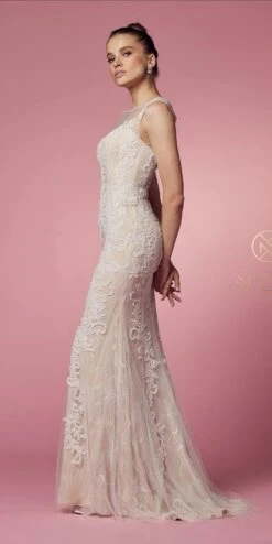 Nox Anabel E1006 Fitted Sheath Formal Lace Dress With Illusion Neckline(Fitted Sheath Formal Lace Dress With Illusion Neckline By Nox Anabel E1006) -Dress Promotion Store E1006 WHITE NUDE 18