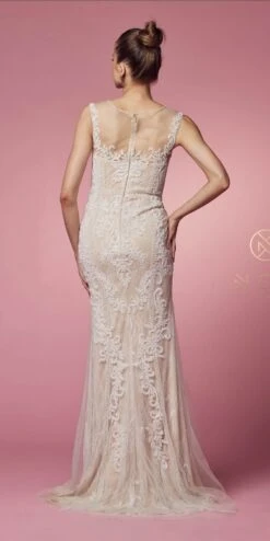 Nox Anabel E1006 Fitted Sheath Formal Lace Dress With Illusion Neckline(Fitted Sheath Formal Lace Dress With Illusion Neckline By Nox Anabel E1006) -Dress Promotion Store E1006 WHITE NUDE 35