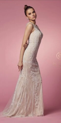 Nox Anabel E1006 Fitted Sheath Formal Lace Dress With Illusion Neckline(Fitted Sheath Formal Lace Dress With Illusion Neckline By Nox Anabel E1006) -Dress Promotion Store E1006 WHITE NUDE 50