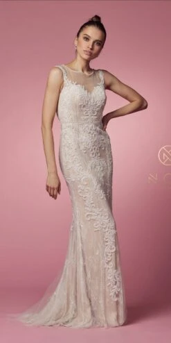 Nox Anabel E1006 Fitted Sheath Formal Lace Dress With Illusion Neckline(Fitted Sheath Formal Lace Dress With Illusion Neckline By Nox Anabel E1006) -Dress Promotion Store E1006 WHITE NUDE 66