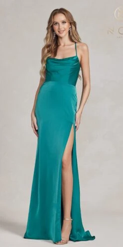 Nox Anabel E1068 Long Fitted Satin Formal Gown With Cowl Neckline(Nox Anabel E1068 Long Fitted Satin Formal Gown With Cowl Neckline) -Dress Promotion Store E1068 GREEN 1