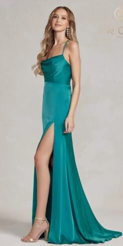 Nox Anabel E1068 Long Fitted Satin Formal Gown With Cowl Neckline(Nox Anabel E1068 Long Fitted Satin Formal Gown With Cowl Neckline) -Dress Promotion Store E1068 GREEN 2