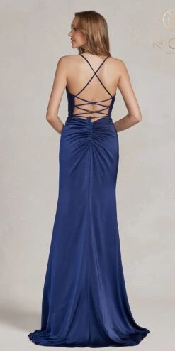 Nox Anabel E1068 Long Fitted Satin Formal Gown With Cowl Neckline(Nox Anabel E1068 Long Fitted Satin Formal Gown With Cowl Neckline) -Dress Promotion Store E1068 NAVYBLUE 3