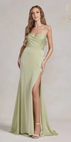 Nox Anabel E1068 Long Fitted Satin Formal Gown With Cowl Neckline(Nox Anabel E1068 Long Fitted Satin Formal Gown With Cowl Neckline) -Dress Promotion Store E1068 SAGE 1