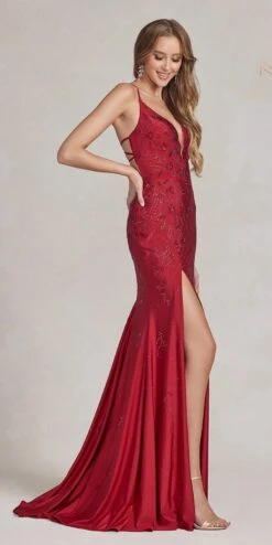 Nox Anabel E1206 Long Satin Fitted Sheath Dress With Thigh Slit(Nox Anabel E1206 Long Satin Fitted Sheath Dress With Thigh Slit) -Dress Promotion Store E1206 BURGUNDY 2