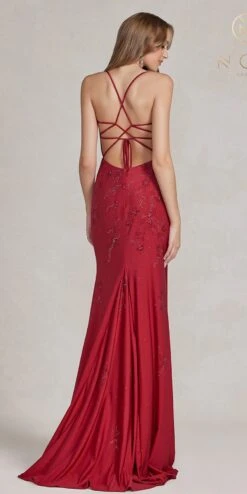 Nox Anabel E1206 Long Satin Fitted Sheath Dress With Thigh Slit(Nox Anabel E1206 Long Satin Fitted Sheath Dress With Thigh Slit) -Dress Promotion Store E1206 BURGUNDY 3