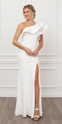 Nox Anabel E467W Long Sheath One Shoulder Ruffle Overlay Strap Gown(Long Sheath White One Shoulder Ruffle Overlay Strap Gown) -Dress Promotion Store E467 nox anabel white