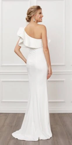 Nox Anabel E467W Long Sheath One Shoulder Ruffle Overlay Strap Gown(Long Sheath White One Shoulder Ruffle Overlay Strap Gown) -Dress Promotion Store E467 nox anabel white back