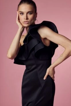 Nox Anabel E467 Long Sheath One Shoulder Ruffle Overlay Strap Gown(Long Sheath One Shoulder Ruffle Overlay Strap Gown By Nox Anabel E467) -Dress Promotion Store E467 BLACK 73