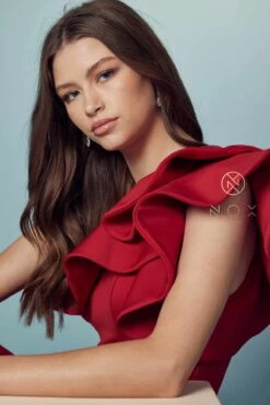 Nox Anabel E467 Long Sheath One Shoulder Ruffle Overlay Strap Gown(Long Sheath One Shoulder Ruffle Overlay Strap Gown By Nox Anabel E467) -Dress Promotion Store E467 RED 71